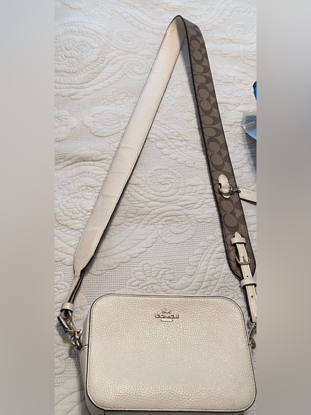 Coach Chalk Pebble Leather Crossbody with Signature Strap